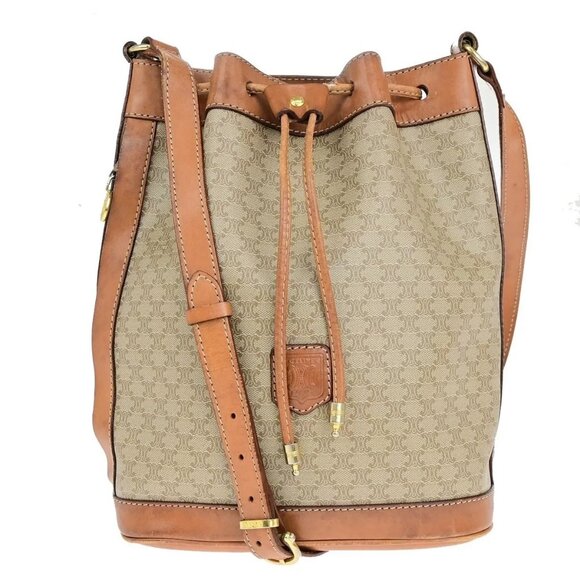 CELINE Logo Macadam Pattern Drawstring Shoulder Bag PVC Leather BN GHW - Picture 1 of 16